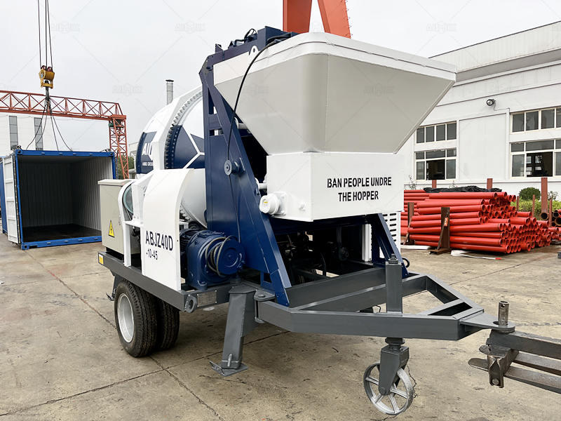 Putting electric powered concrete mixer pump into container